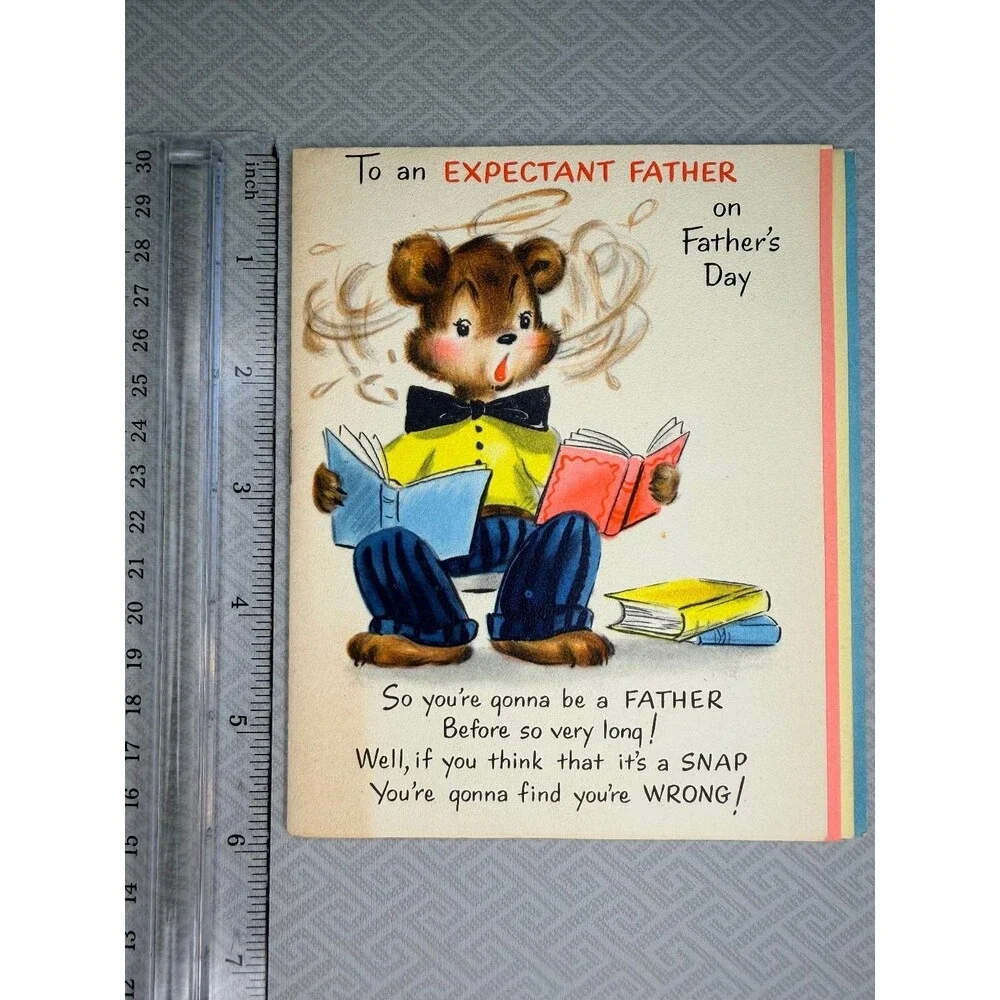 Vintage 1954 Hallmark Expectant Father's Day Greeting Card Retro Cute Bear Baby